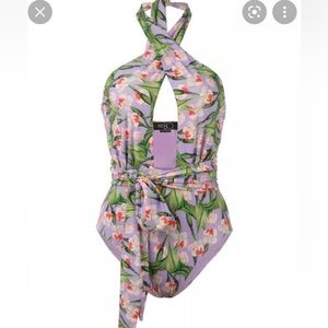 NWT PatBO Purple Iris Floral Cross Neck Plunge Halter One Piece Swimsuit L
